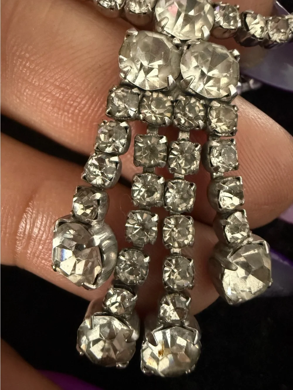 Vintage 1950s Rhinestone Necklace Silver Tone Dangle Fringe Mid Century 16.5”